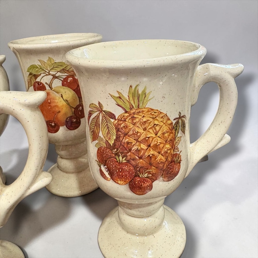 Vintage McCoy Speckled Stoneware Fruit Harvest Footed Pedestal Mugs Set of 6 - Picture 4 of 13